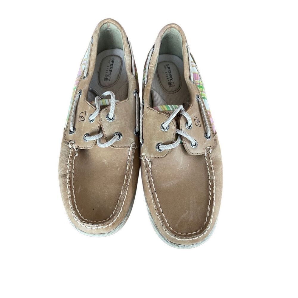 Sperry Womens Tan Plaid Lace Up Leather Upper Top Sider Boat Shoes Size 9M